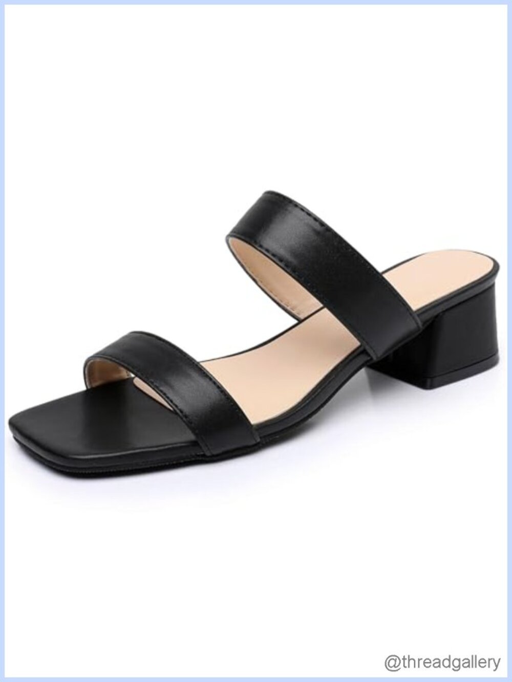 Womens Square Toe Two Strap Block Low Heel Slip On Dress Sandals Faux Leather